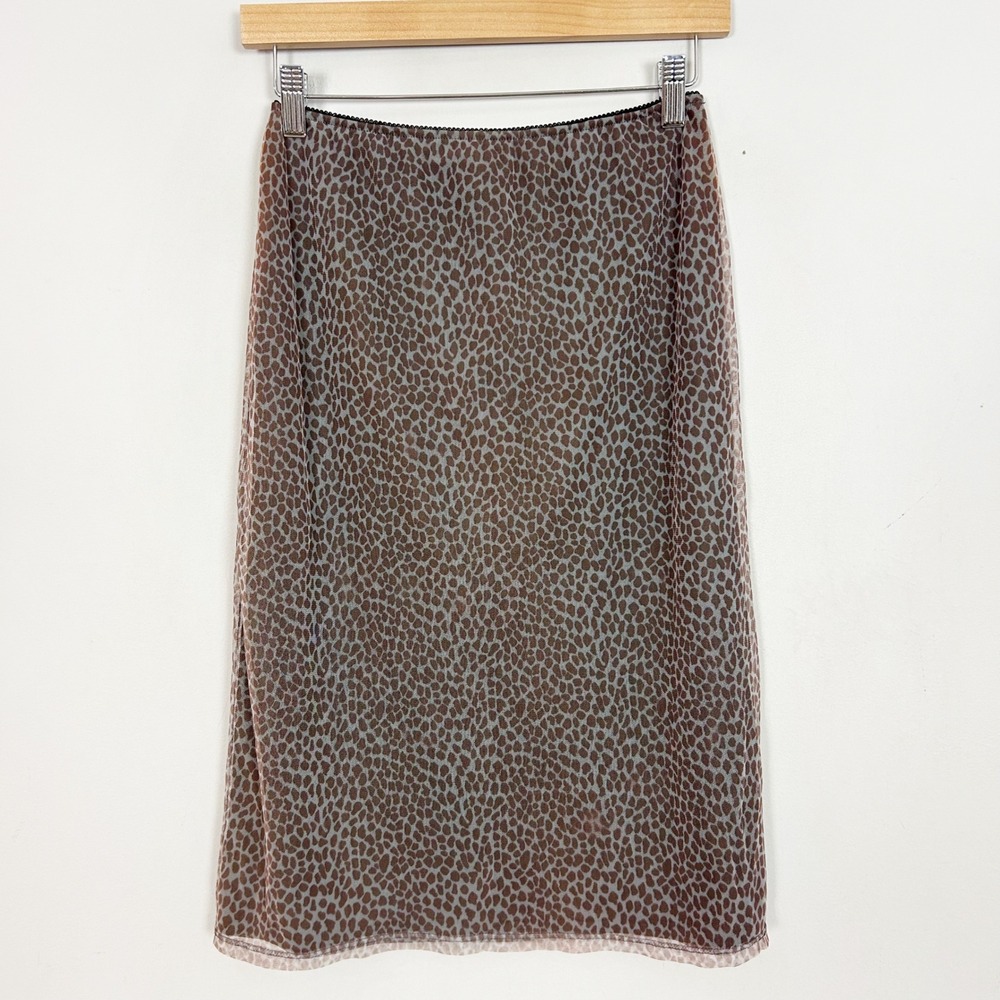 Eitie Y2K Sheer Mesh Overlay Animal Print Midi Skirt Brown Tan Size Small